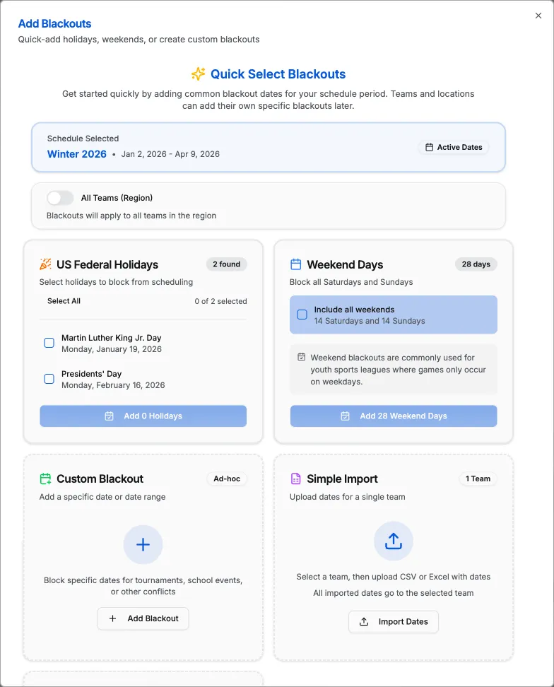 Custom Blackout dialog form showing Scope Type, Duration Type, Date, Reason, and Blackout Type fields