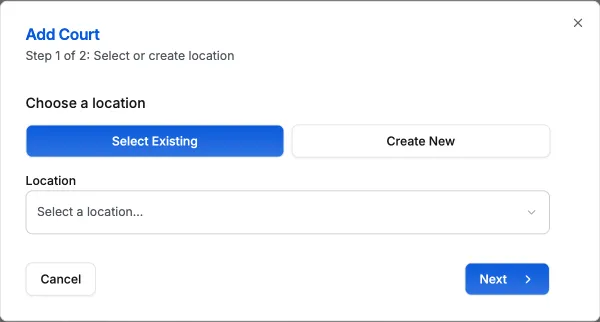 Add Court modal step 1 showing location selector