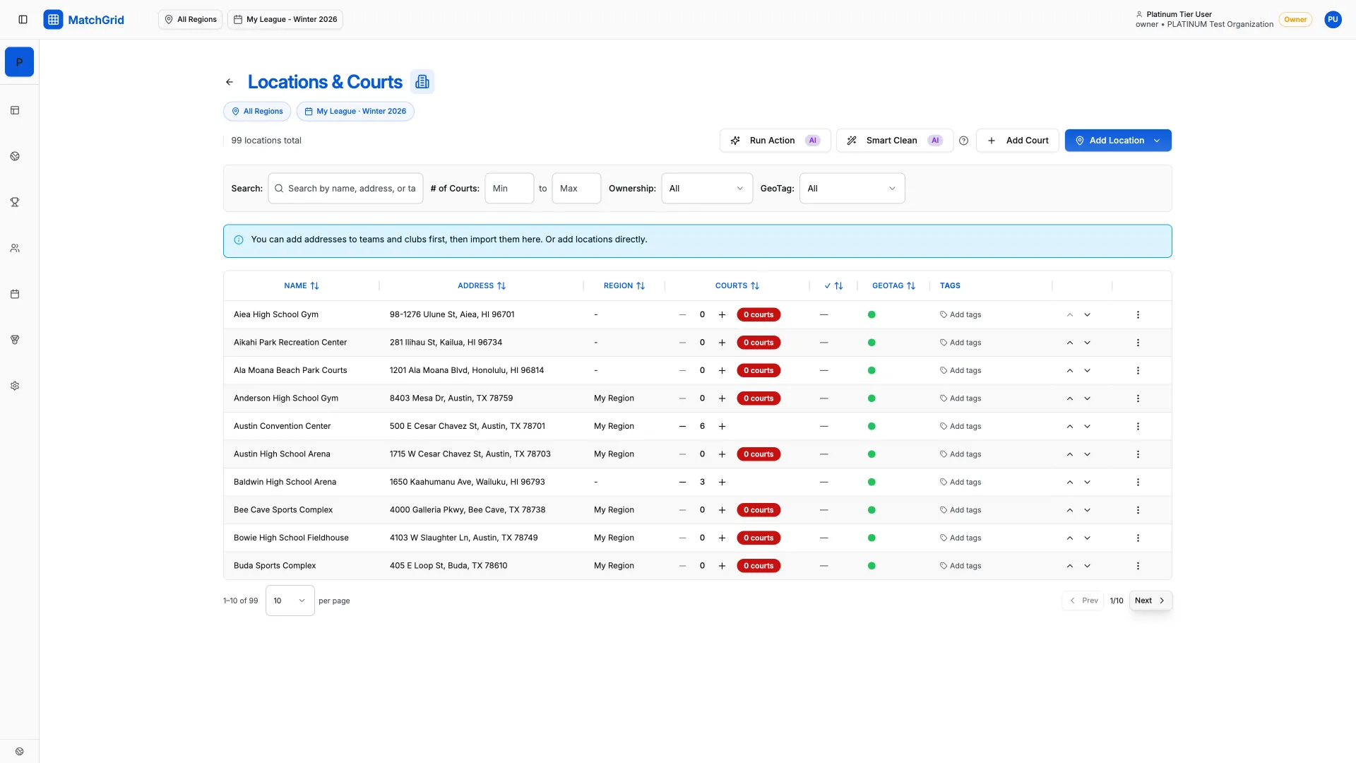 Add Court modal step 2 showing court count input