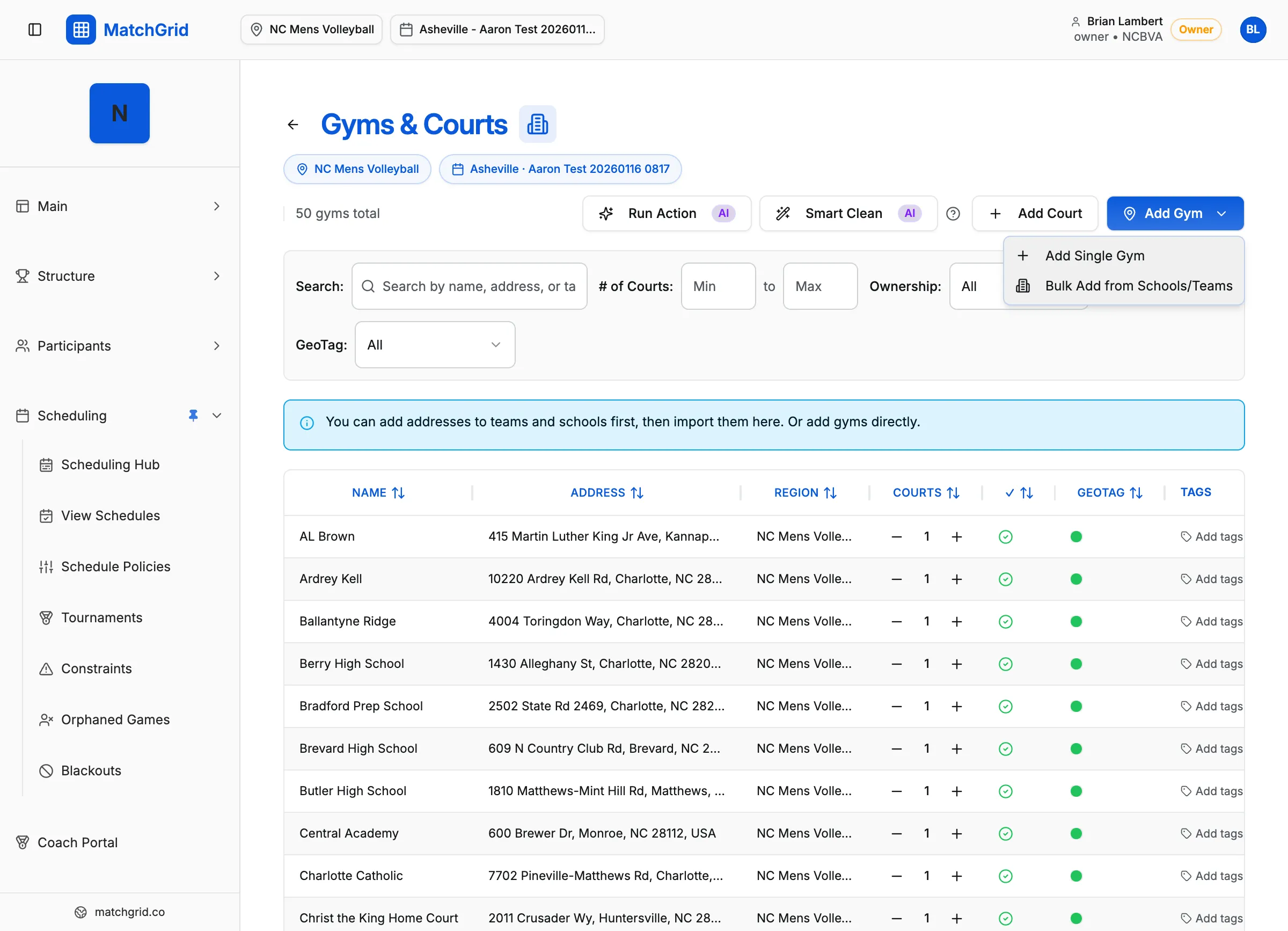 Add Location dialog showing Location Name and Address fields for creating a new venue