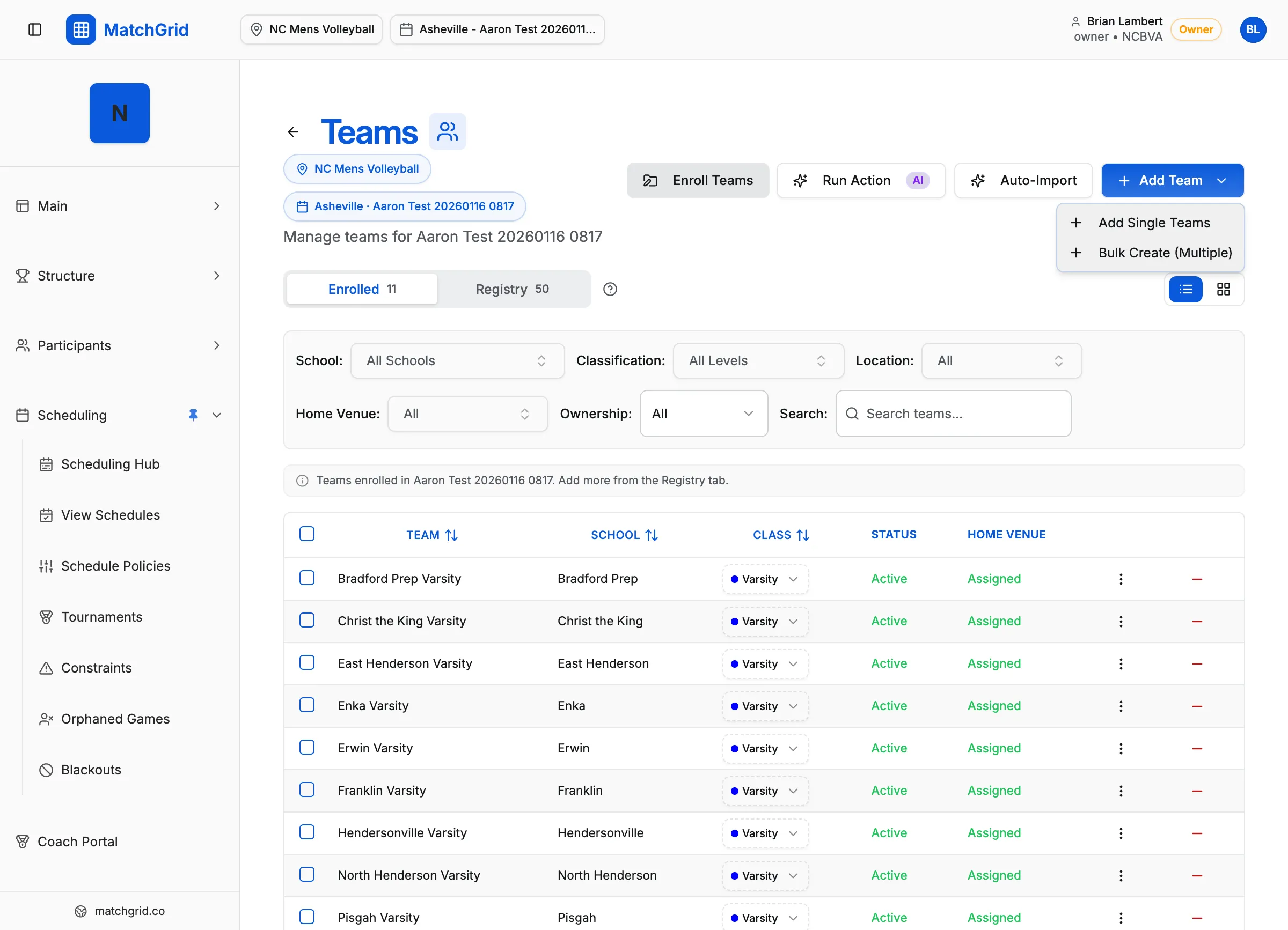 Add Team dialog showing Details tab with Team Name and Club selection fields