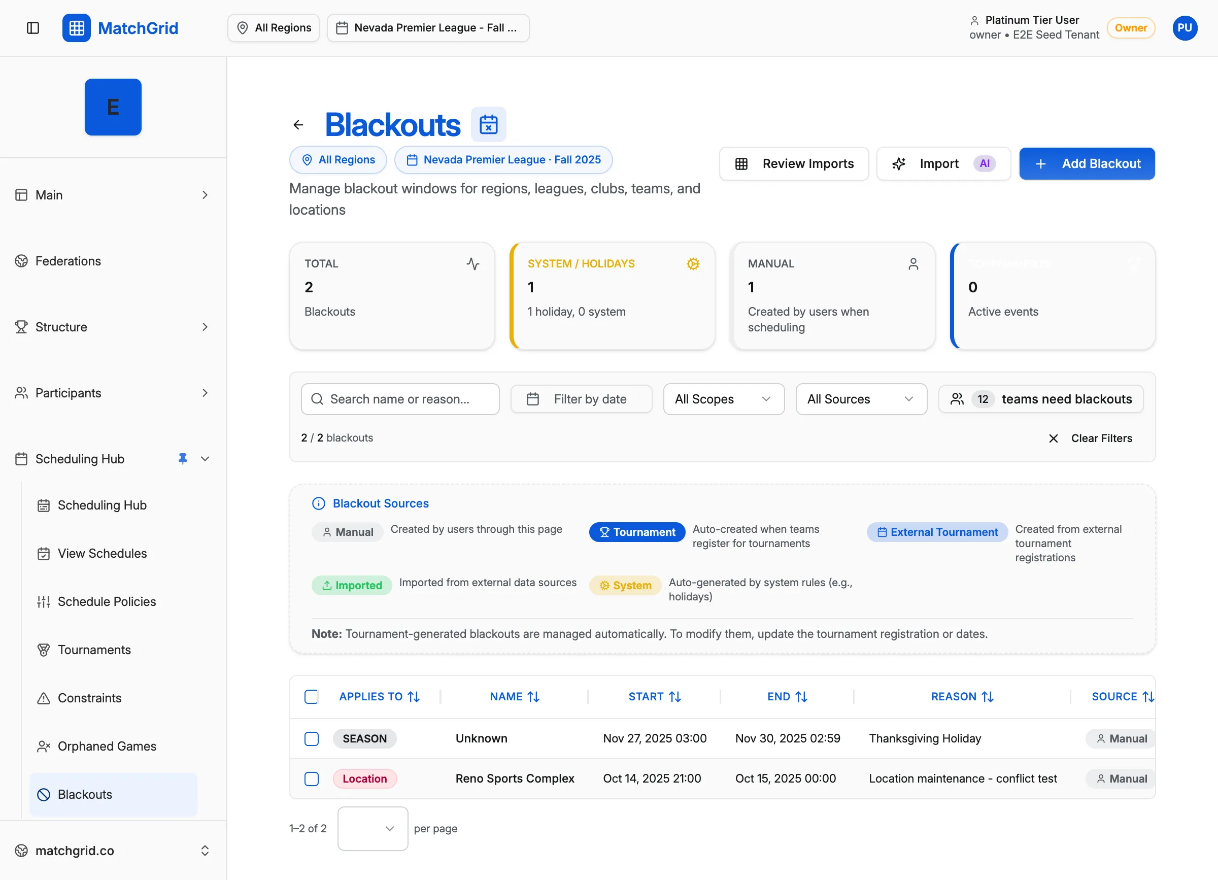 Blackouts page showing the main view with Add Blackout button and Quick Select Blackouts section