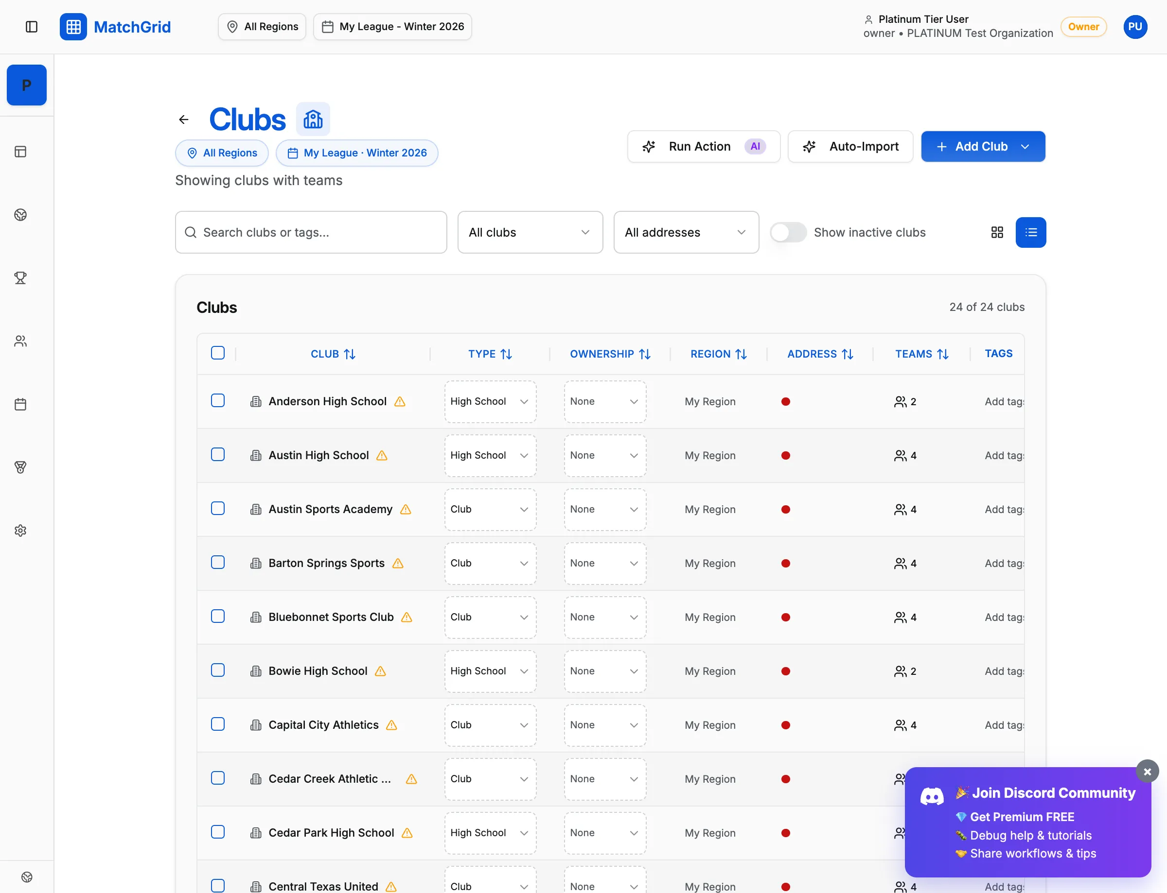 Clubs page overview showing list of clubs with Add Club button