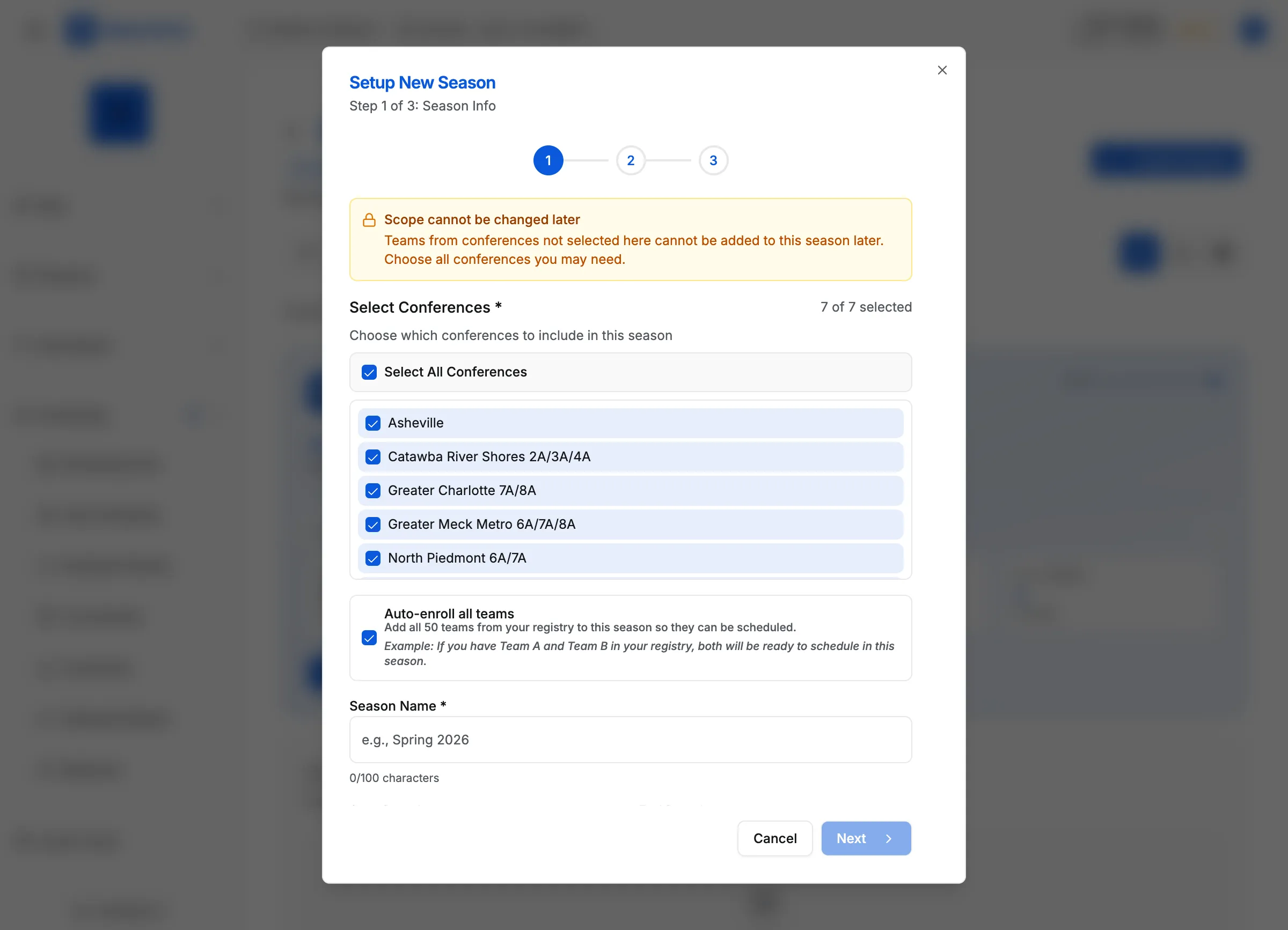 Create Season wizard dialog showing Step 1 of 3 with Season Name, Start Date, and End Date fields