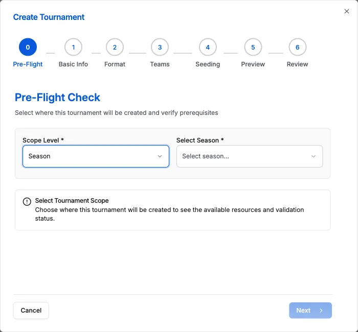 Create Tournament wizard step 1 showing basic information form