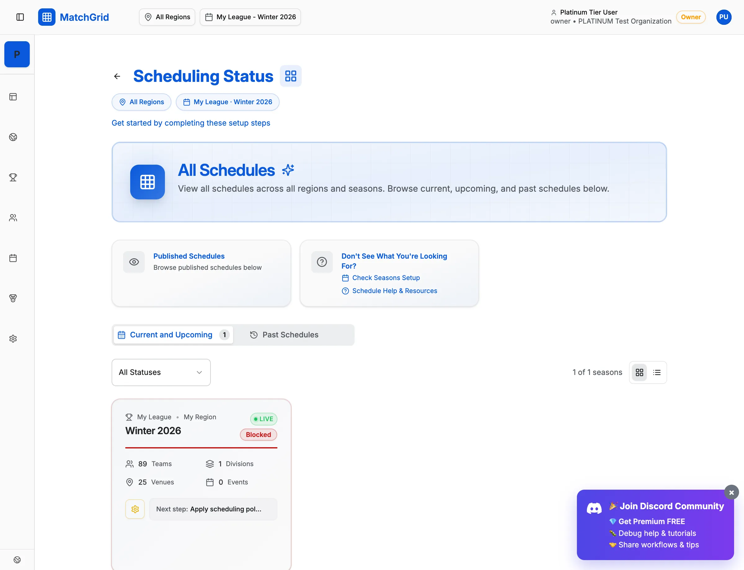 Dashboard overview after login showing scheduling status, setup workflow, and navigation