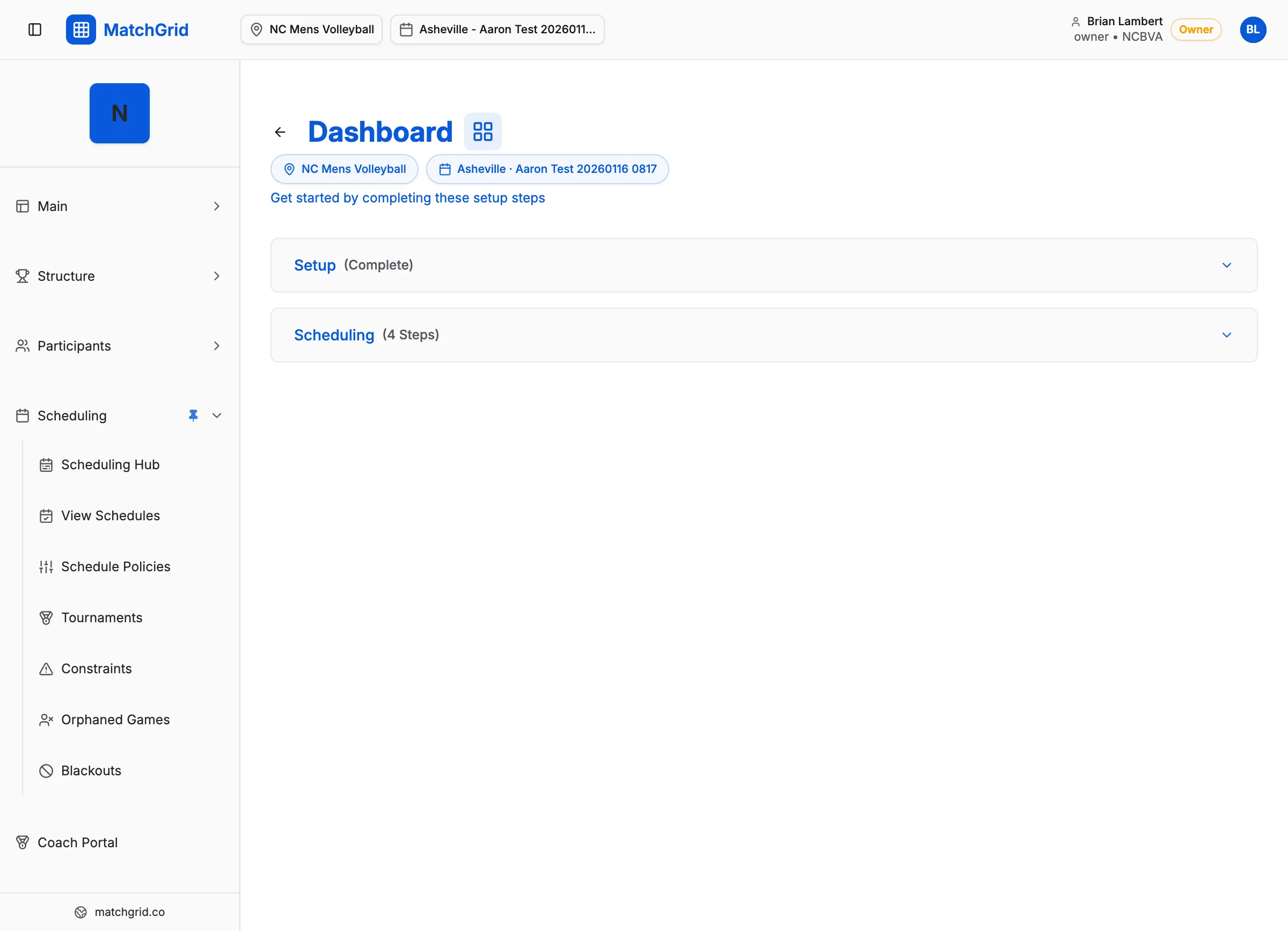 Setup workflow section showing Setup (Complete) and Scheduling (4 Steps) workflow tiles