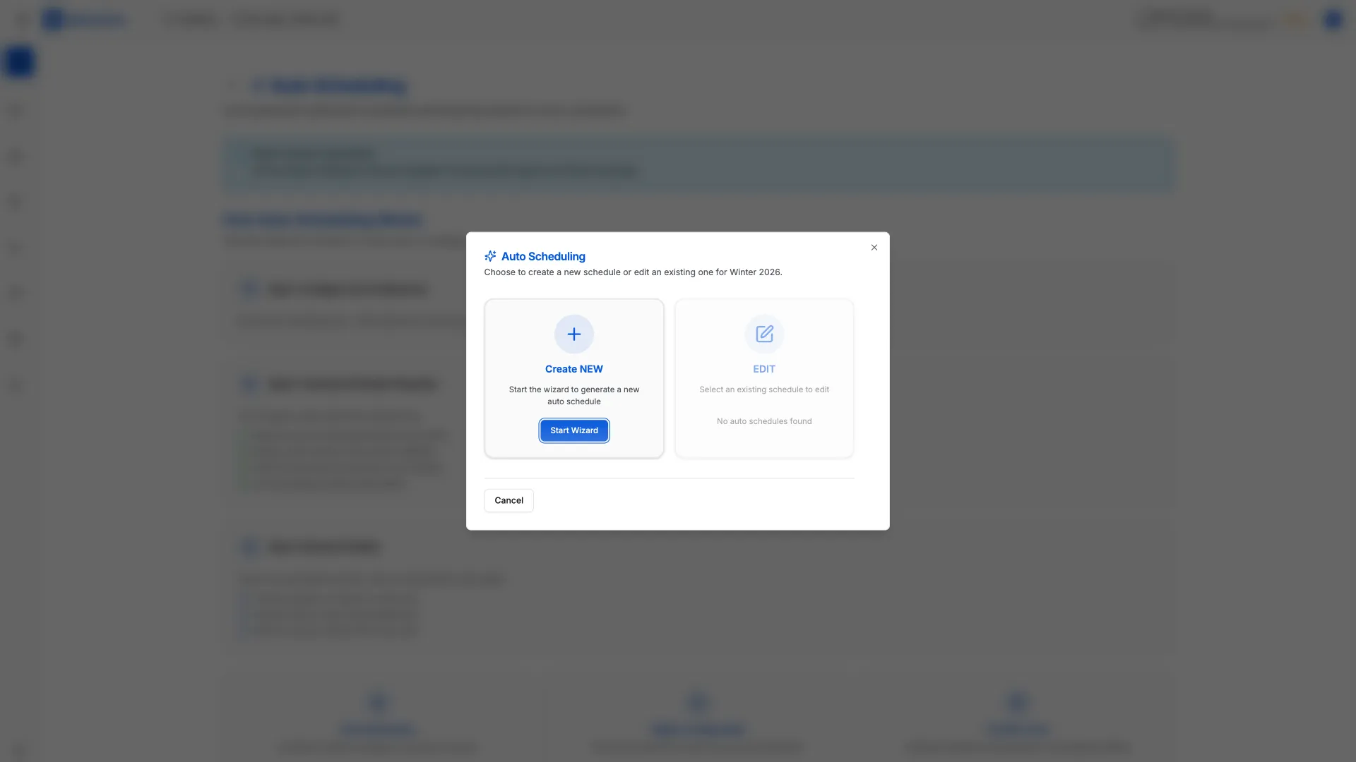 Auto-schedule page showing feasibility and readiness information