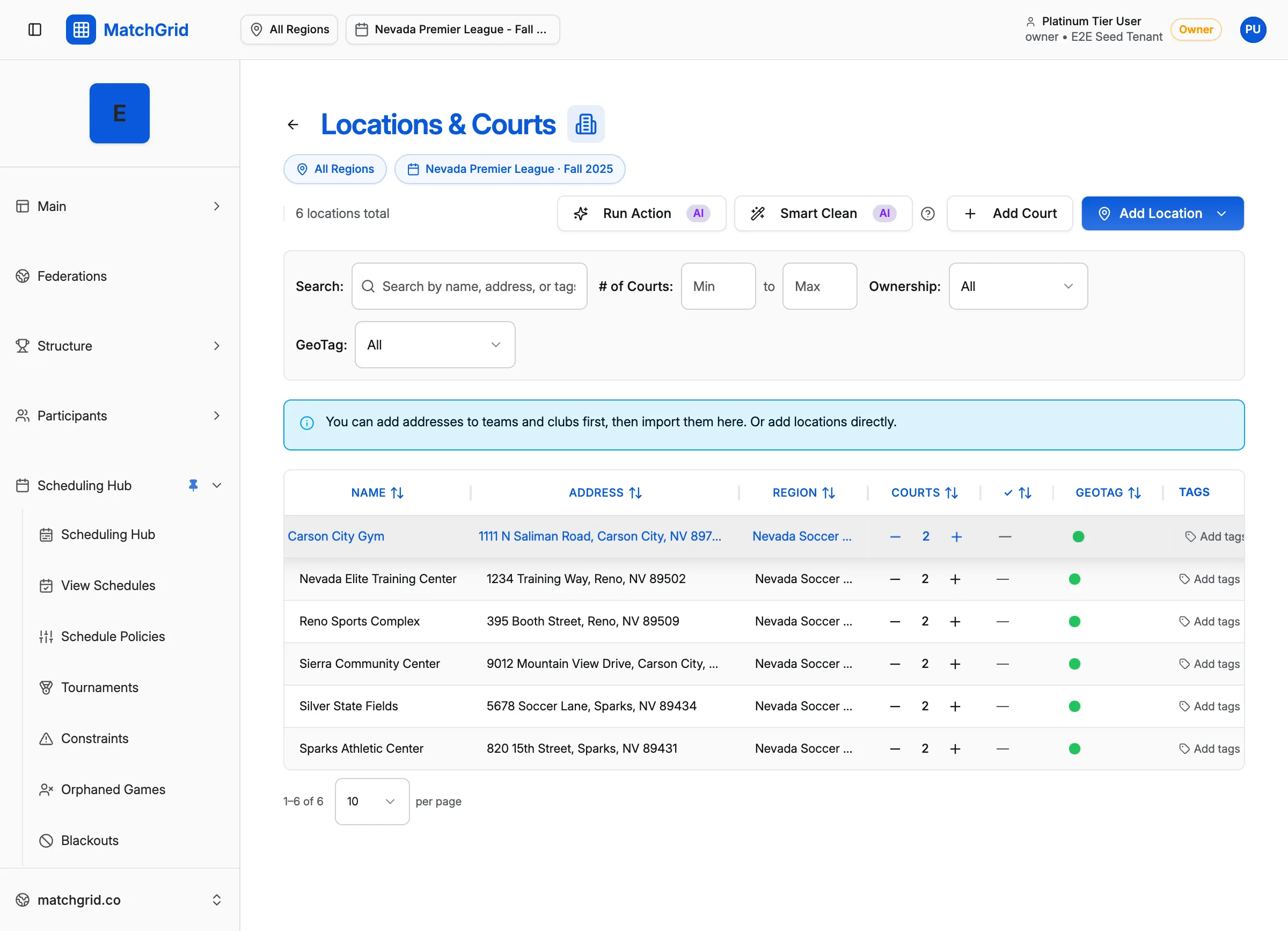 Locations page showing Add Court button in header