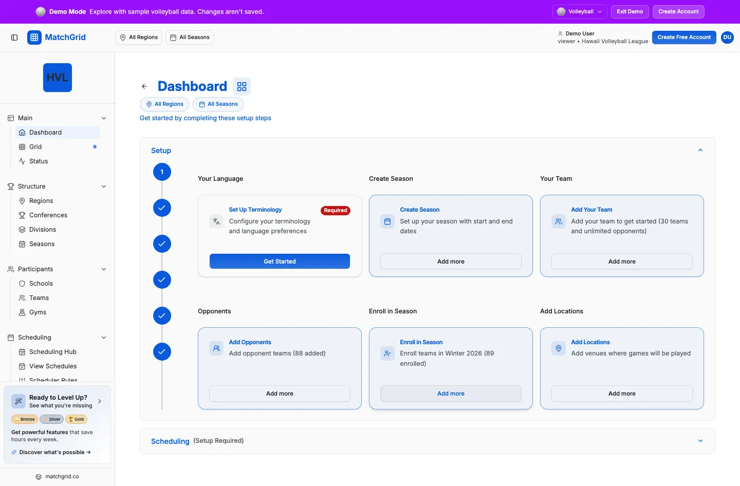 MatchGrid dashboard showing the Setup section with steps like Create Season, Add Your Team, Enroll in Season, and Add Locations.