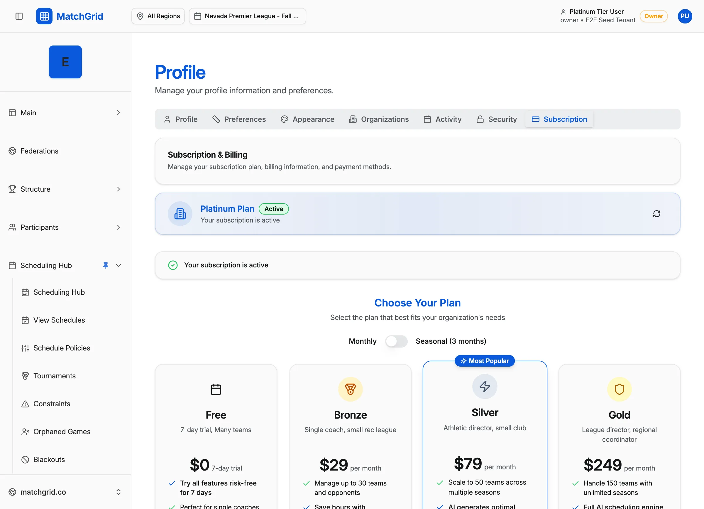 Current plan summary card showing subscription details
