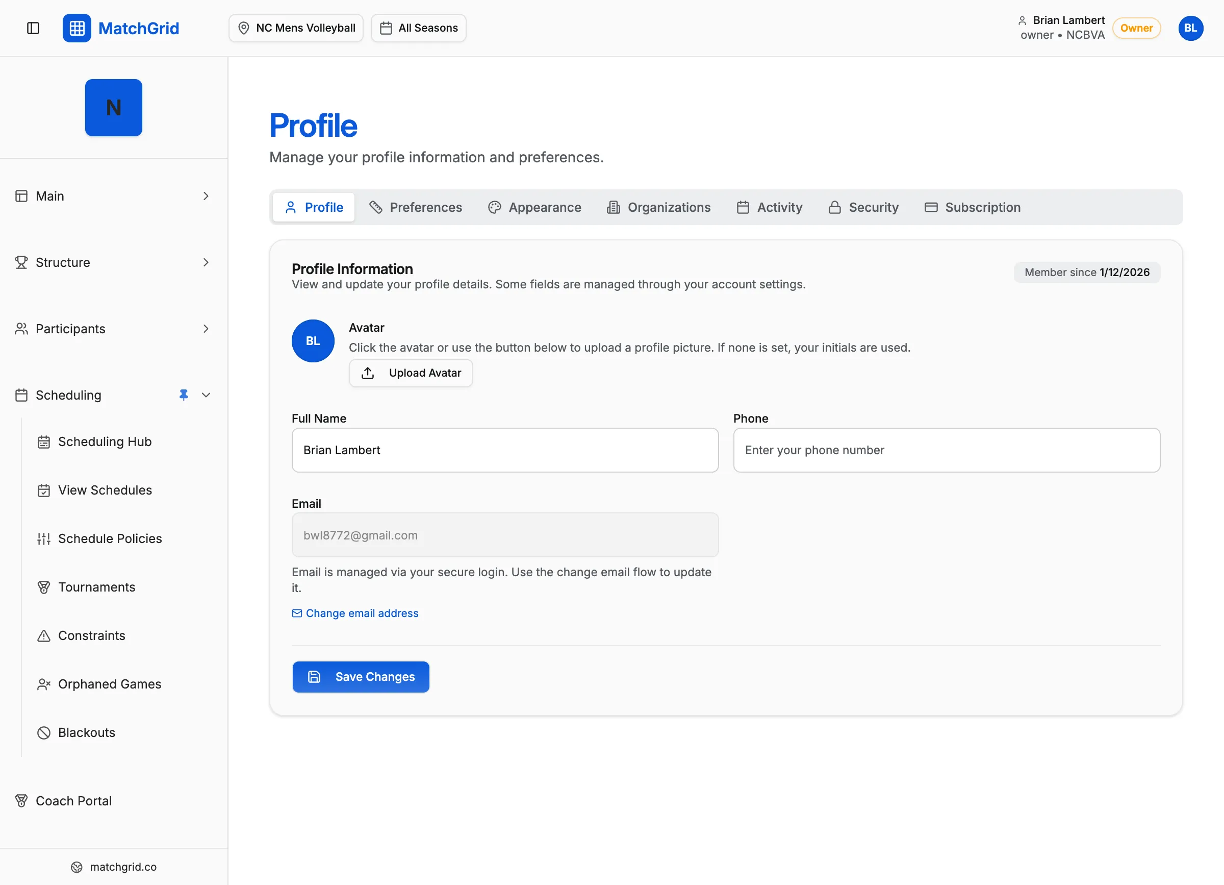 Profile page showing the Profile tab with user information and settings