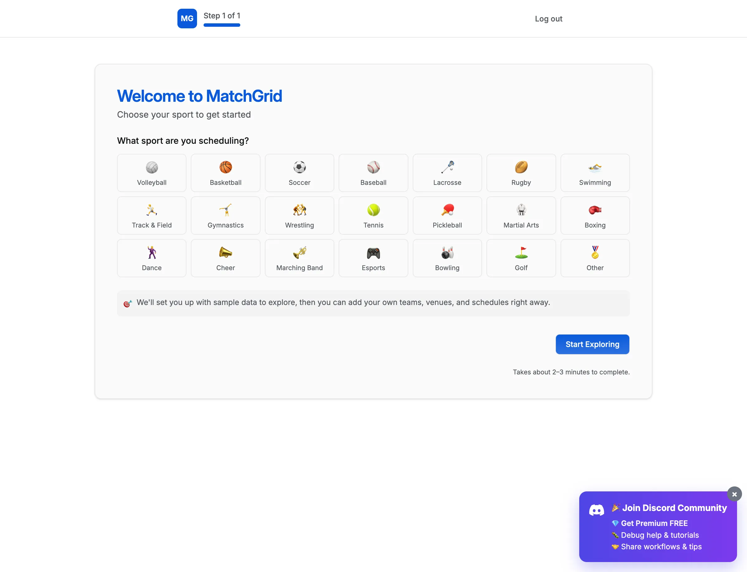 Quick Start flow showing sport selection and workspace setup