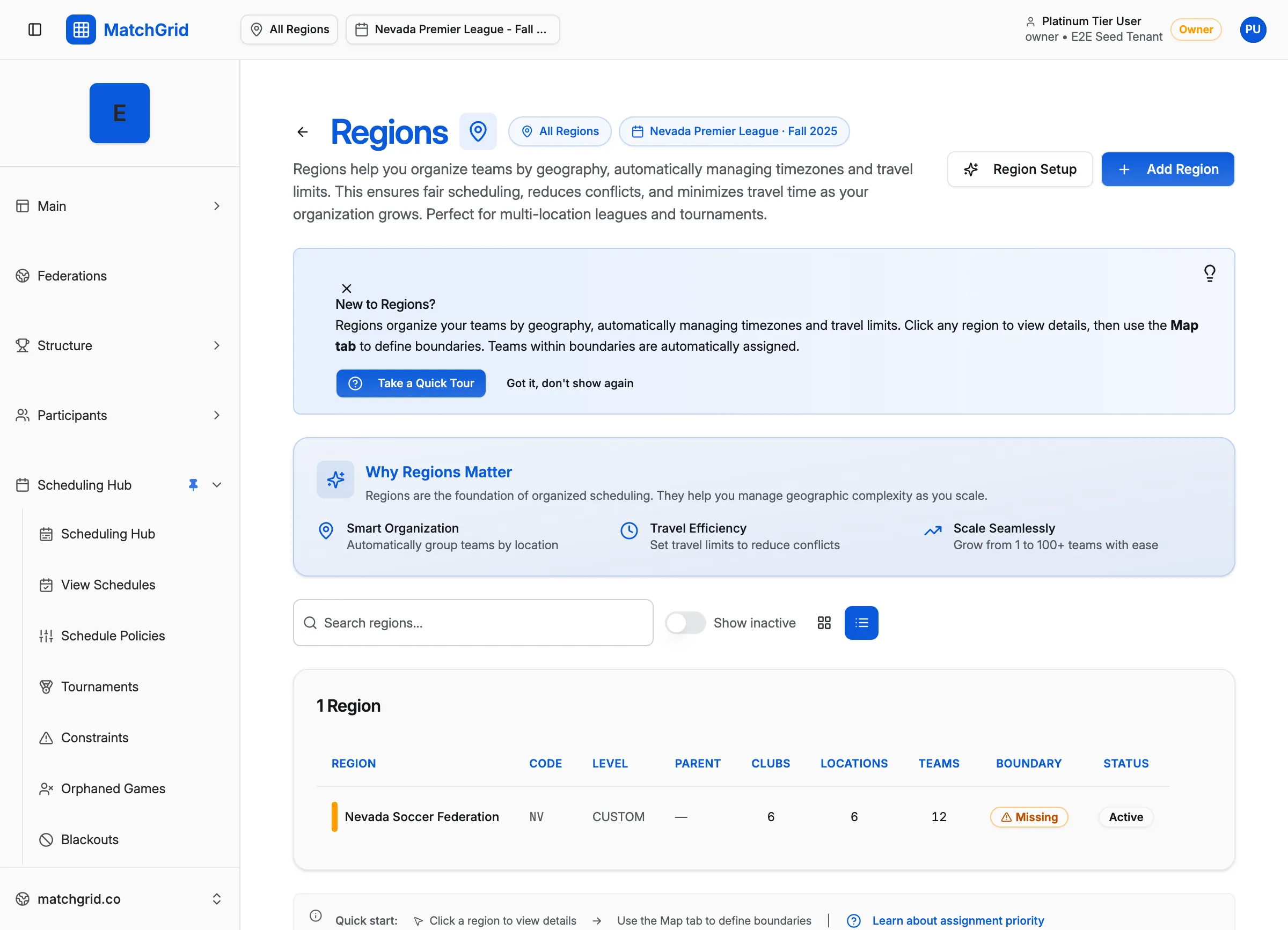 Regions page showing list of regions with Add Region button
