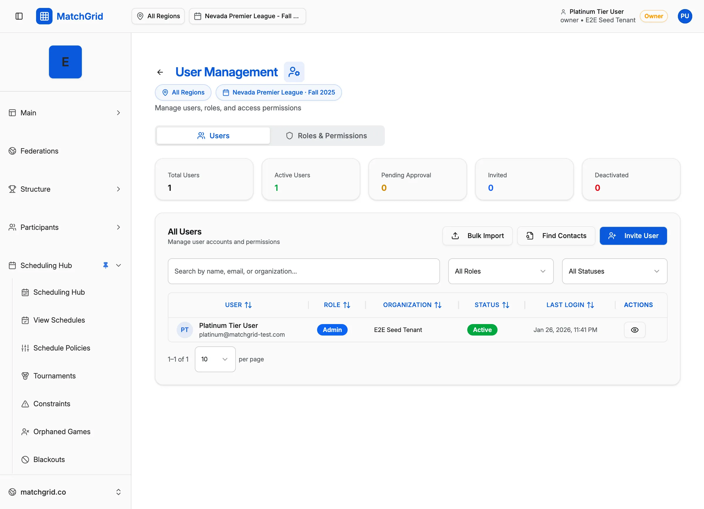 Users/Team settings page showing list of users with roles and permissions