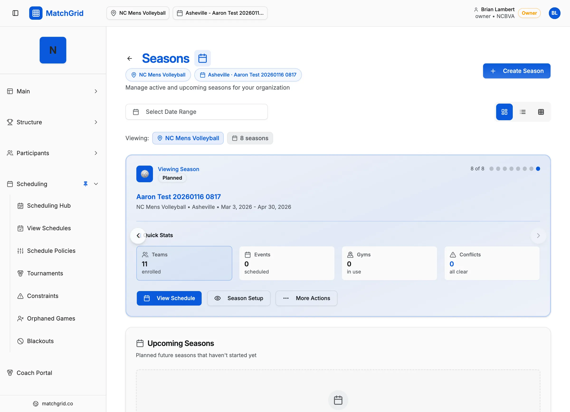 Seasons page showing the Create Season button and season management interface