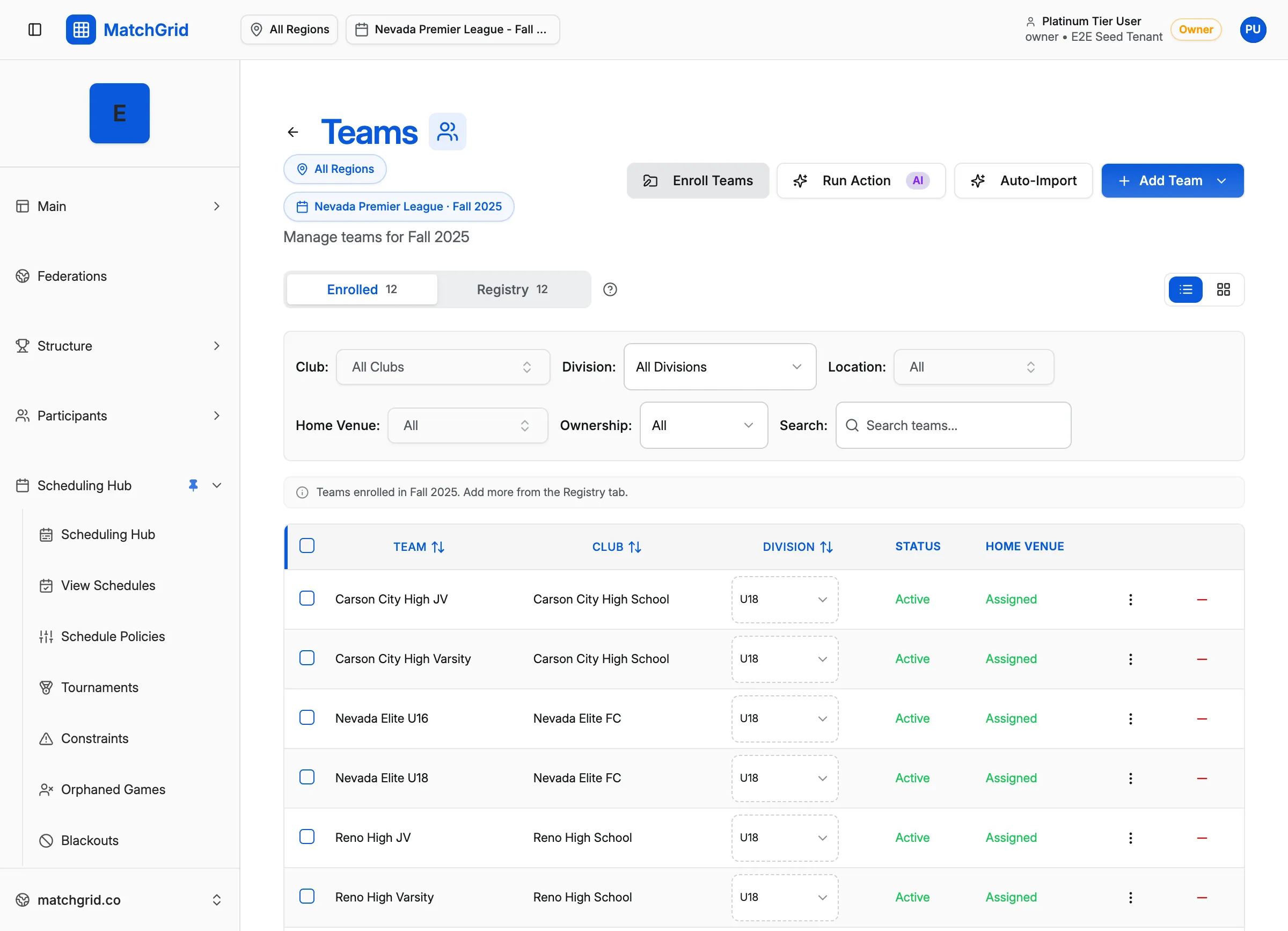 Teams page showing Enrolled and Registry tabs with Add Team button