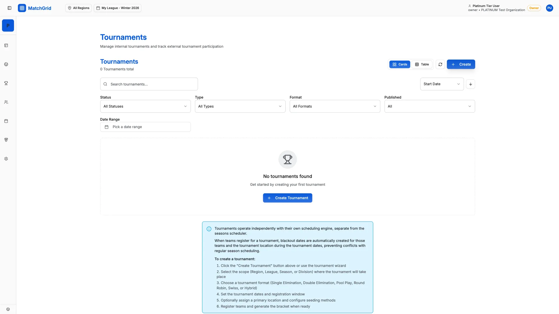 Tournament format selector showing format options